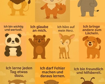 10 tarjetas de afirmación para niños para imprimir: motivación, atención plena, ánimo, fuerza y amor propio. Tarjetas de afirmación con diseño de animales.