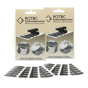 Puede incluir: Dos paquetes de pel&iacute;cula protectora transparente para cochecitos. Cada paquete contiene cuatro hojas de pel&iacute;cula y tiene el texto "FOTEC Kinderwagenschutz 4x Folie zum einfachen Verkleben" impreso en &eacute;l. El texto se traduce como "FOTEC Protecci&oacute;n para cochecitos 4x Pel&iacute;cula para una aplicaci&oacute;n f&aacute;cil".