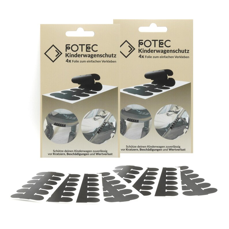 Puede incluir: Dos paquetes de pel&iacute;cula protectora transparente para cochecitos. Cada paquete contiene cuatro hojas de pel&iacute;cula y tiene el texto "FOTEC Kinderwagenschutz 4x Folie zum einfachen Verkleben" impreso en &eacute;l. El texto se traduce como "FOTEC Protecci&oacute;n para cochecitos 4x Pel&iacute;cula para una aplicaci&oacute;n f&aacute;cil".