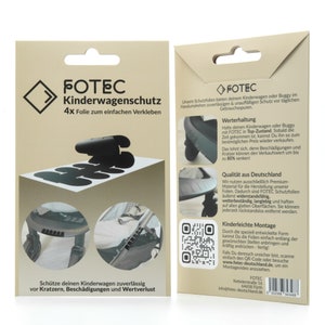 Puede incluir: Un paquete de pel&iacute;cula protectora transparente para un cochecito o un cochecito. El paquete muestra una imagen en blanco y negro de un cochecito con la pel&iacute;cula aplicada al parachoques. El texto en el paquete dice "FOTEC Kinderwagenschutz 4x Folie zum einfachen Verkleben" y "Sch&uuml;tze deinen Kinderwagen zuverl&auml;ssig vor Kratzern, Besch&auml;digungen und Wertverlust".