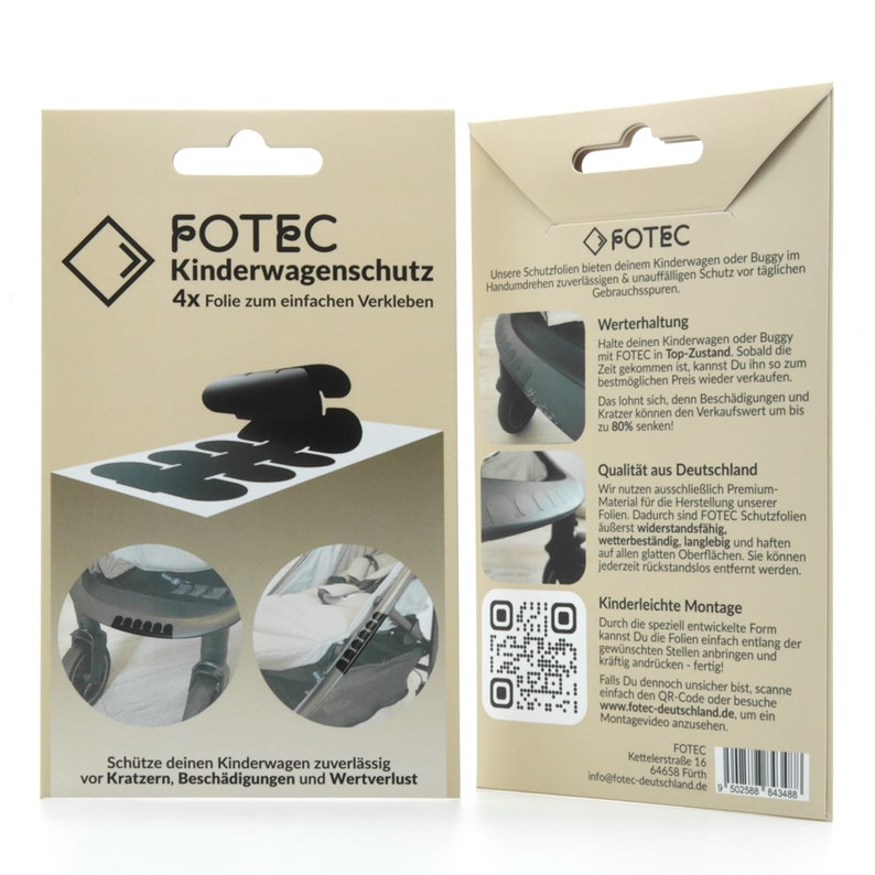 Puede incluir: Un paquete de pel&iacute;cula protectora transparente para un cochecito o un cochecito. El paquete muestra una imagen en blanco y negro de un cochecito con la pel&iacute;cula aplicada al parachoques. El texto en el paquete dice "FOTEC Kinderwagenschutz 4x Folie zum einfachen Verkleben" y "Sch&uuml;tze deinen Kinderwagen zuverl&auml;ssig vor Kratzern, Besch&auml;digungen und Wertverlust".