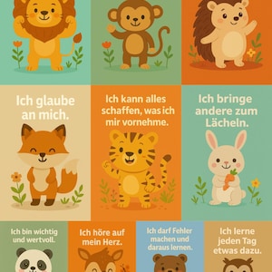 10 Affirmationskarten für Kinder zum selbst Ausdrucken - Motivation Achtsamkeit Ermutigung Kraft Selbstliebe Affirmation Karten Tiere Design