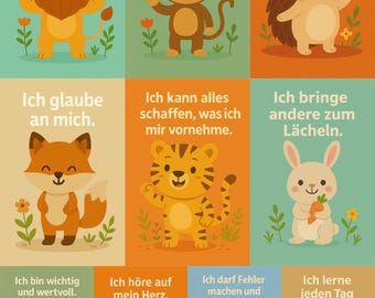 10 tarjetas de afirmación para niños para imprimir: motivación, atención plena, ánimo, fuerza y amor propio. Tarjetas de afirmación con diseño de animales.