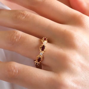 Gold Garnet Eternity Ring, Natural Marquise Garnet Ring, Vintage Garnet Band, January Birthstone Ring, Dainty Red Gemstone Ring for Women