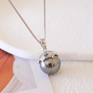 Tahiti black pearl necklace, 12mm black pearl pendant, Gray pearl necklace, Bridesmaid gifts, Silver necklace, Gifts for her