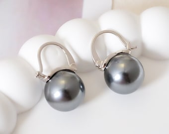 12mm black pearl earrings, Tahitian pearl, Gray pearl earrings, Bridesmaid earrings, Cool earrings, 925s Silver earrings,  Wedding gift