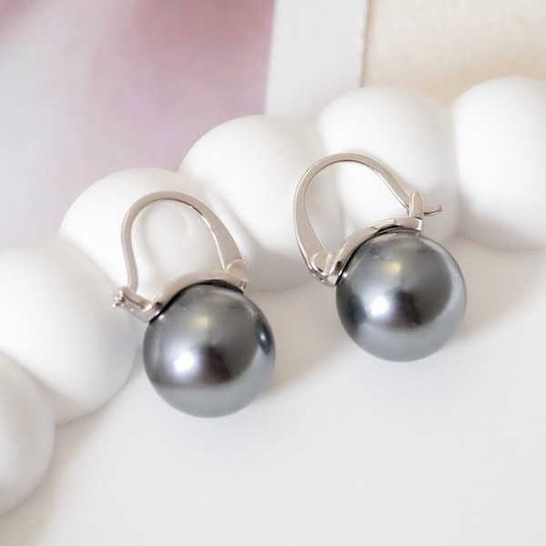 Pendientes de perlas negras de 12 mm, Perla de Tahití, Pendientes de perlas grises, Pendientes de dama de honor, Pendientes geniales, Pendientes de plata 925s, Regalo de bodas