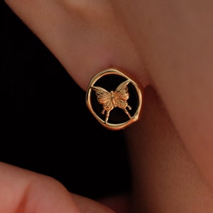 Butterfly stud earrings, Onyx earrings, Gold and black earrings, Sterling silver studs, Gemstone earrings, Butterfly jewelry