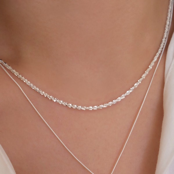 Sterling silver chain necklace, Sparkle Necklace, Shiny necklace, Dainty layered necklace, Gifts for her, Bridesmaid gifts