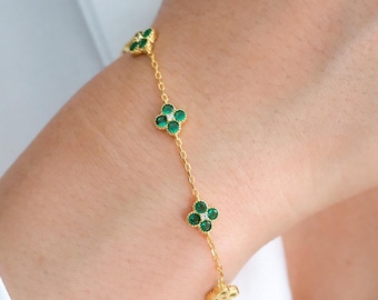 18k gold ivy flower emerald cz bracelet, 4 leaves bracelet, Lucky bracelet, 925 silver bracelet , Gift for women