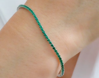 Dainty emerald tennis bracelet, Silver emerald bracelet, 2mm thin tennis bracelet, Green bracelet, Gifts for her
