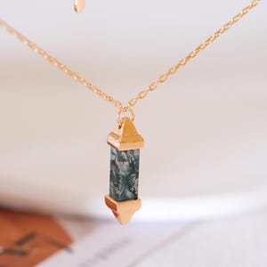 Geometric moss agate necklace, Genuine Agate Pendant, Gold statement necklace, Gift for her