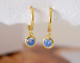 Dainty Aquamarine huggie earrings, Tiny aquamarine hoop earrings, March birthstone, Sterling Silver Birthstone earrings, Gifts for her