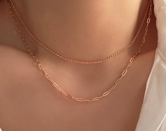 Double chain necklace set, Layered Necklace Set, Paperclip & Dainty chain necklace, 925s silver necklace, gifts for her