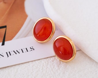 Oval Carnelian Stud Earrings, Red gemstone earrings, Dainty & Minimalist earrings, Sterling Silver earrings, Gift for her, Gifts for mom