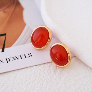 Oval Carnelian Stud Earrings, Red gemstone earrings, Dainty & Minimalist earrings, Sterling Silver earrings, Gift for her, Gifts for mom