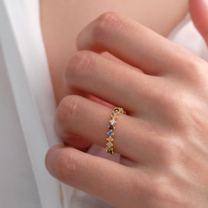 18k gold rainbow ring, Crystal eternity ring, Multi-stone rings, Multicolor Cz ring, Colorful diamond ring, Silver ring, Gift for her