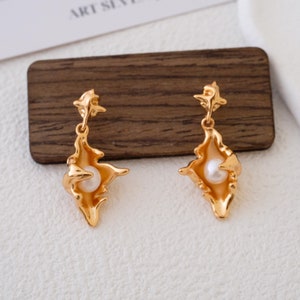 18k Gold Seashell Earrings: Sterling Silver Cowrie, Freshwater Pearl Studs
