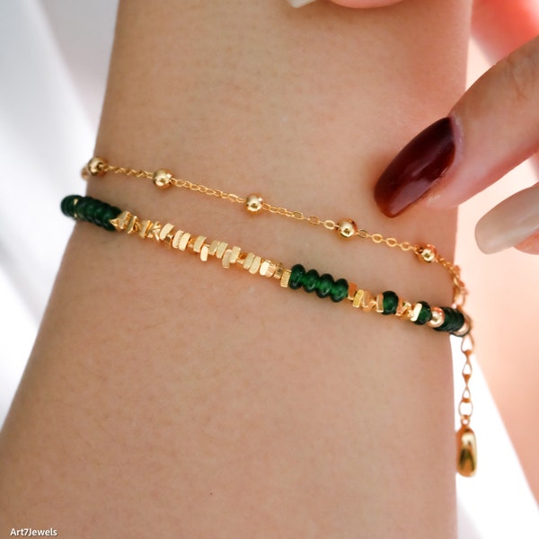 18k gold emerald bracelet, Emerald beads tennis bracelet,  Dainty gold bracelet, Gold beaded bracelet, 925 silver bracelet , Gift for women