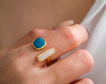 Turkoois en wit emaille ring, twee gestemde ring, minimalistische open ring, Sterling zilveren ring, gouden ring, ring voor vrouwen, cadeau voor haar
