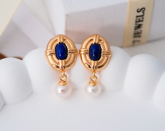 Dainty Lapis Lazuli & Pearl Drop Earrings, 18k gold lapis lazuli earrings,  Sterling silver earrings, Gifts for her