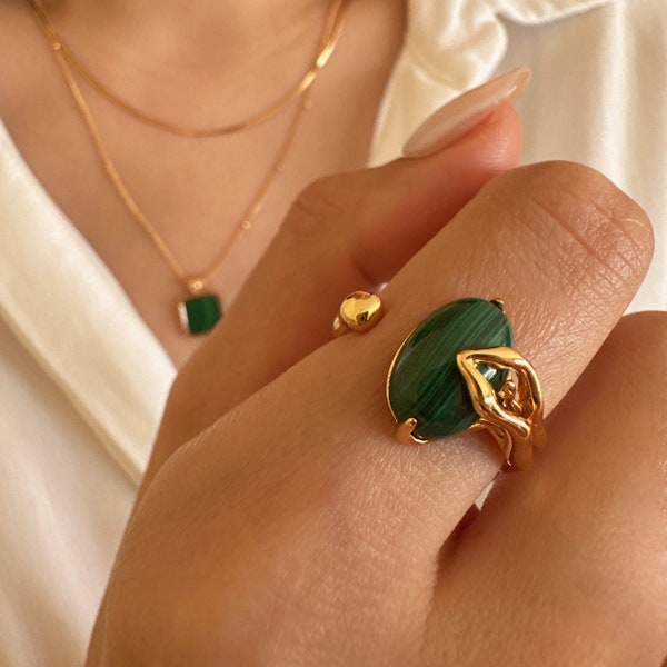 Oval Malachite Ring, Natural green malachite, 18k Gold Plated 925 Silver Adjustable Ring