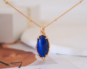 14Kゴールドフィルドのブルーラピスラズリペンダントネックレス（女性