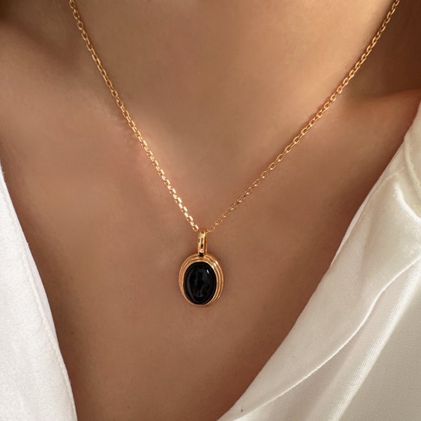 Oval Black Onyx Pendant, Black onyx necklace, Different chain options, Dainty necklace, Silver necklace, gift for her, Gifts for mom