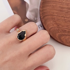 Bague irrégulière en onyx noir - Bague réglable en onyx noir en or 18 carats - Bague ouverte en onyx noir - Bague en argent 925