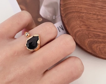 Irregular Black Onyx Ring - 18K Gold Black Onyx Adjustable Ring - Black Onyx Open Ring - 925s silver ring