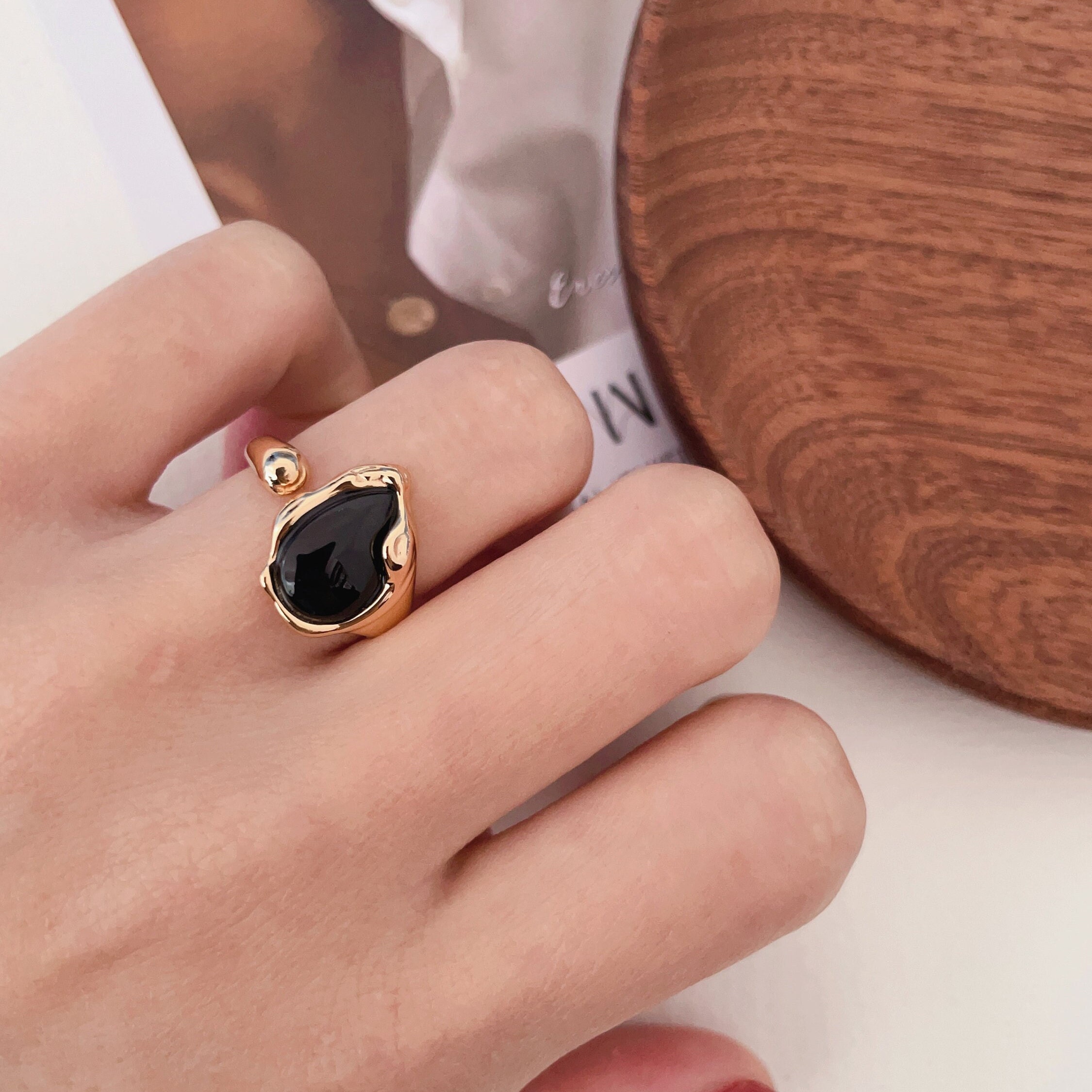 Irregular Black Onyx Ring, 18K Gold Black Onyx Adjustable Ring, Open Rin, 925s Silver Ring, Gifts For Her