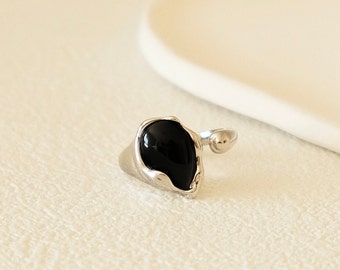 Anillo de ónix negro llamativo, anillo ajustable de ónix negro plateado, anillo abierto, conjunto de joyas de ónix, regalos para ella
