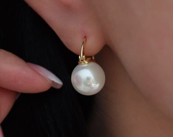 12mm White Pearl Earrings, Wedding earrings, Sterling Silver Bridal Jewelry, Pearl Drop Earrings, Gifts for Women