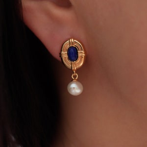 Dainty Lapis Lazuli & Pearl Drop Earrings, 18k gold lapis lazuli earrings,  Sterling silver earrings, Gifts for her