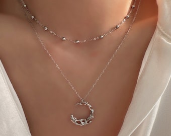 Delicata collana gotica a forma di luna, pendente a mezzaluna in argento fluente, set di collane a strati, collana in argento sterling, regali per lei