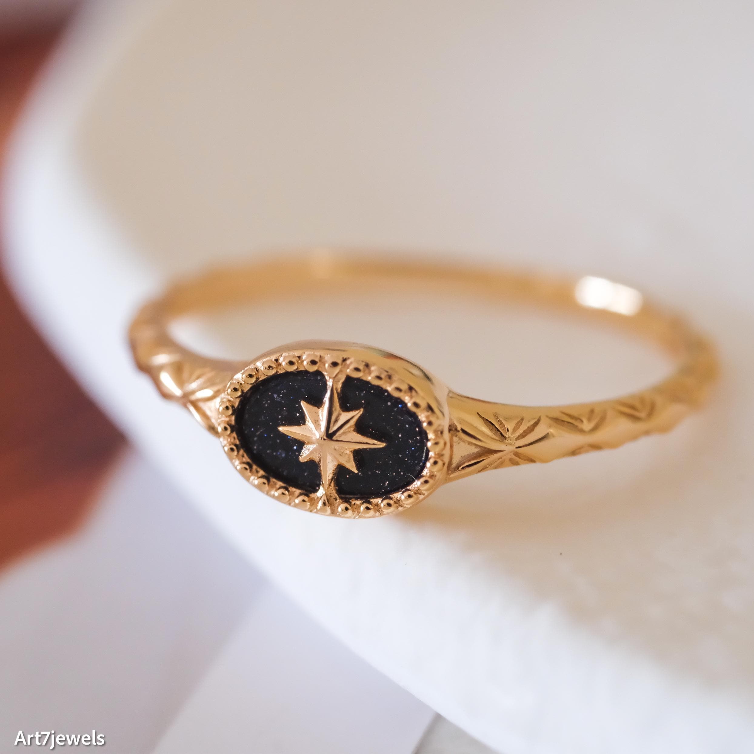 Dainty Gold Signet Ring, North Star Ring, Starburst Blue Goldstone Ring ...