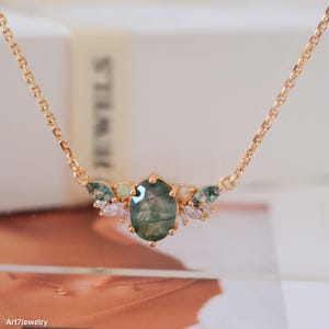 Gold Moss Agate Necklace, Natural moss necklace, Green Stone necklace, Sterling Silver Oval Pendant, Christmas gifts