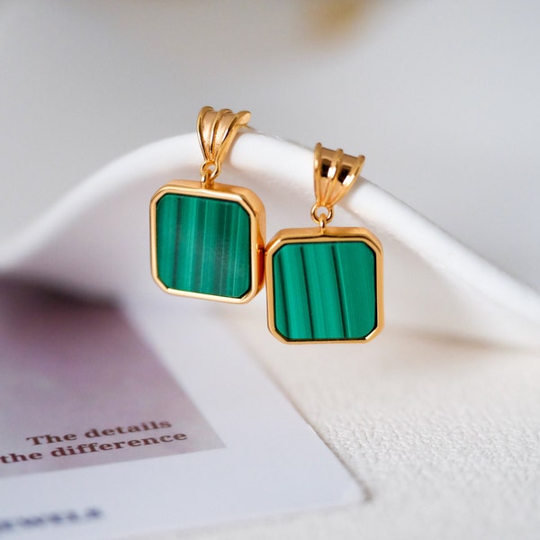 18k gold malachite earrings, Square malachite earrings, Dangle malachite earrings, Dainty earrings, Sterling silver earrings, Gifts for her