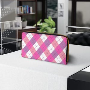 Cartera con cremallera de rombos rosa, elegante cartera para mujer, bonito organizador de carteras, ideal para uso diario, regalo para amigas