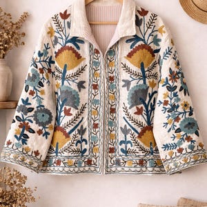 May include: Cream-coloured embroidered jacket with a floral design. The jacket has a collar and a zip-up front. The embroidery includes yellow, blue, and brown flowers and leaves. The jacket is hanging on a wooden hanger.