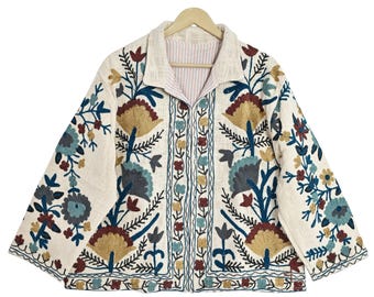 Veste bohème brodée à la main blanche pour femme, veste artisanale Suzani en coton floral, veste ethnique faite main, manteau bohème de style vintage