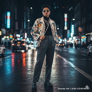 May include: A person wearing a black turtleneck, gray trousers, and black shoes stands on a wet street at night. They are wearing a cream-colored jacket with floral embroidery and carrying a small, light blue purse. The background features city lights.