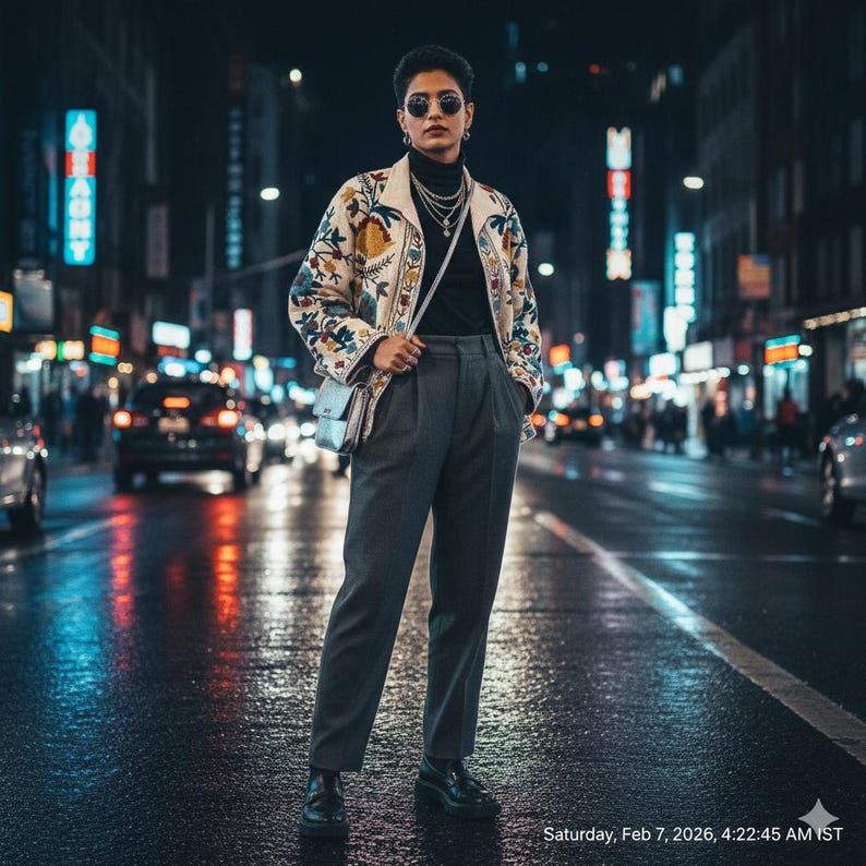 May include: A person wearing a black turtleneck, gray trousers, and black shoes stands on a wet street at night. They are wearing a cream-colored jacket with floral embroidery and carrying a small, light blue purse. The background features city lights.
