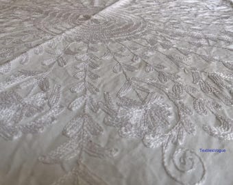 Broderie Suzani blanc sur blanc | Textile en coton brodé à la main, tenture murale bohème neutre, décoration d'intérieur minimaliste