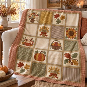 May include: A patchwork throw blanket featuring a grid of squares with autumn-themed illustrations including pumpkins, sunflowers, wheat sheaves, a basket of apples, a mug of hot cocoa, and various fall leaves, finished with a red and white gingham border.