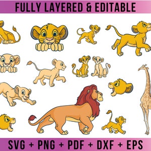 Puede incluir: Un conjunto de 11 archivos de corte digital que presentan varios personajes de león de dibujos animados de la película El Rey León. El conjunto incluye un león con melena, un cachorro de león y una jirafa. Los archivos están completamente en capas y son editables, y se pueden usar para una variedad de proyectos de manualidades.