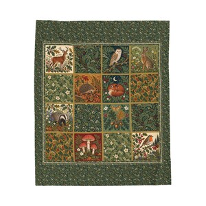Deken met bosmotief, maanverlichte vos, uil en hert, botanische volkskunst fluweel, 50x60 cm, cadeau in cottagecore stijl