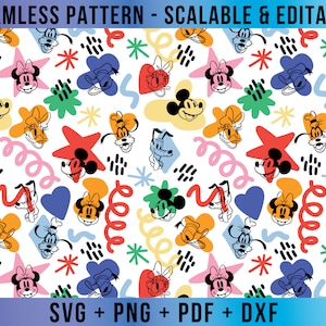 Può includere: Un motivo senza cuciture con personaggi dei cartoni animati colorati, tra cui Topolino, Minnie Mouse, Paperino, Pippo e Pluto. Il motivo include anche stelle, cuori e altre forme astratte.