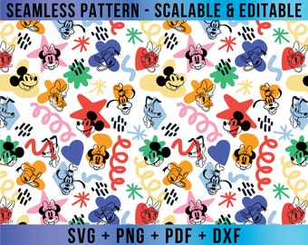 Mickey & Friends Seamless Pattern Editable SVG Vector for Cricut and Silhouette Digital File Download Png Pdf Dxf Eps MMDD94