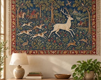 Couverture en tapisserie tissée à motif de chasse au cerf médiévale, jeté en tapisserie millefleurs, tapisserie murale cerf blanc, couverture jacquard en coton, style antique